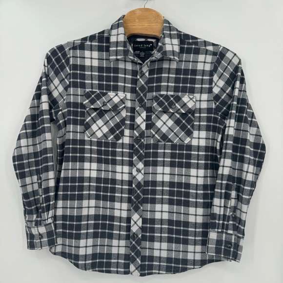 Jared Lang Mens Large Black White Plaid Long Sleeve Button Down Flannel Shirt - Picture 2 of 8